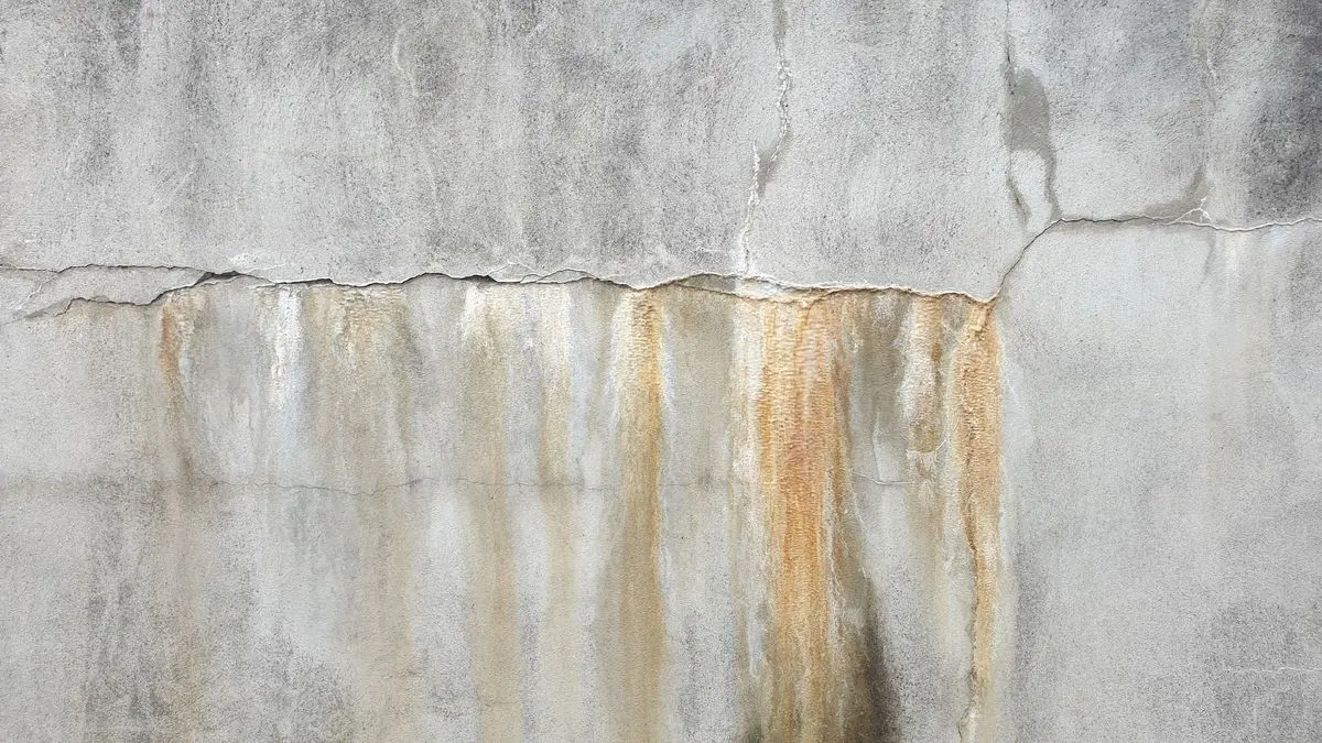 Water stains and mineral streaking running down a cracked concrete basement foundation wall from seepage